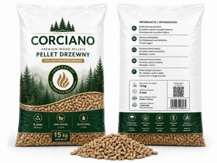 Worek pelletu drzewnego 15 kg, przód i tył opakowania