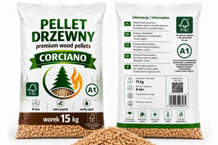 Worek pelletu drzewnego 15 kg, przód i tył opakowania