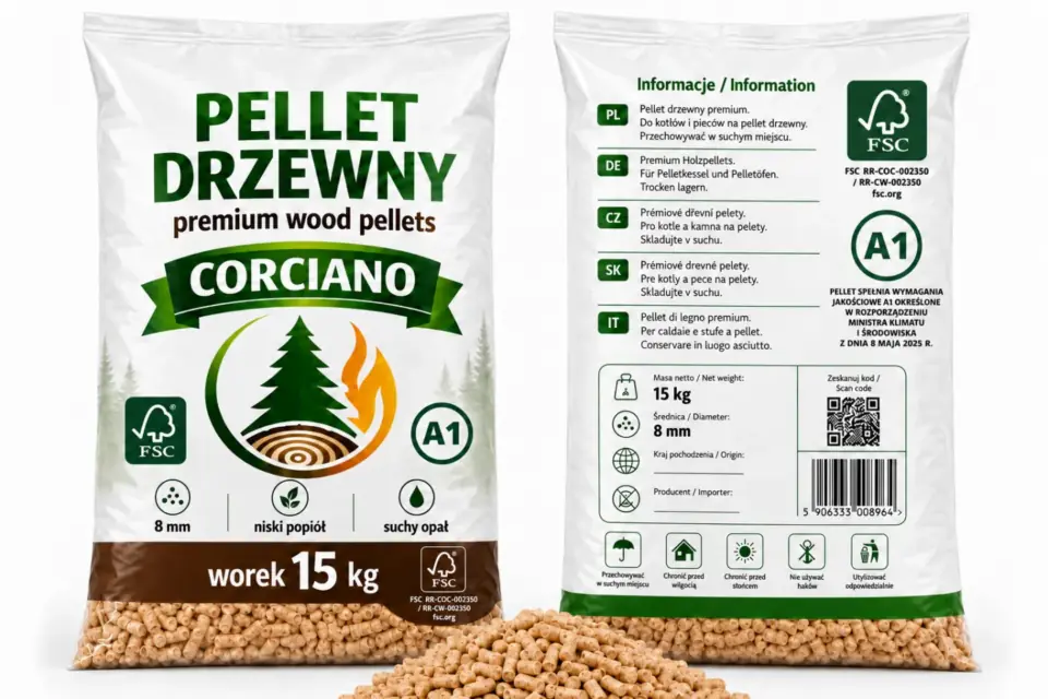 Worek pelletu drzewnego 15 kg, przód i tył opakowania